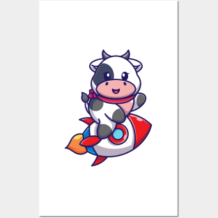 Cute cow riding rocket cartoon Posters and Art